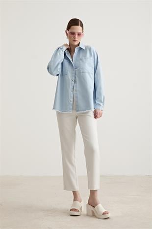 Etek Ucu Püskül Detaylı Oversize Kot Gömlek BUZ MAVİ