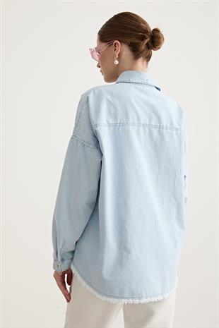 Etek Ucu Püskül Detaylı Oversize Kot Gömlek BUZ MAVİ
