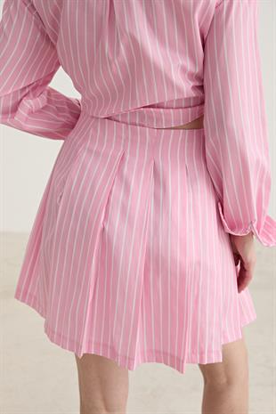 Fermuar Detaylı Tek Çizgili Kısa Etek PEMBE