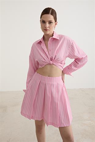 Fermuar Detaylı Tek Çizgili Kısa Etek PEMBE