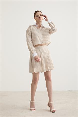 Fermuar Detaylı Tek Çizgili Kısa Etek TAŞ