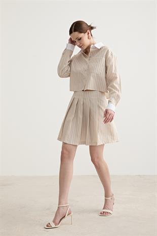 Fermuar Detaylı Tek Çizgili Kısa Etek TAŞ