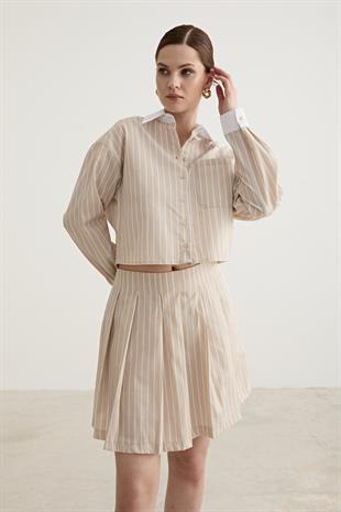 Fermuar Detaylı Tek Çizgili Kısa Etek TAŞ