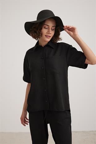 Keten Kısa Kol Düğmeli Gömlek SİYAH