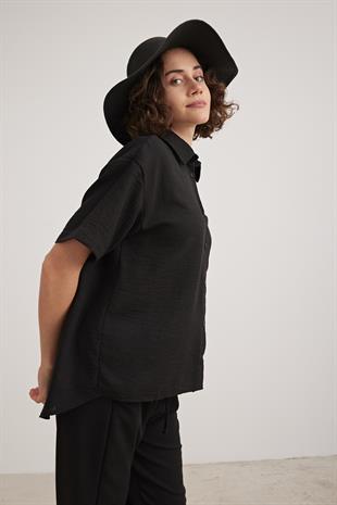 Keten Kısa Kol Düğmeli Gömlek SİYAH