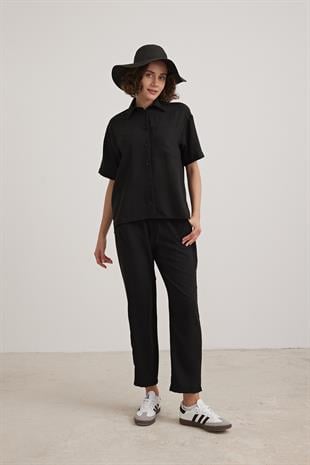 Keten Kısa Kol Düğmeli Gömlek SİYAH