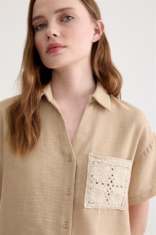 Cep Dantel Detaylı Crop Gömlek CAMEL