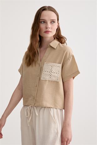 Cep Dantel Detaylı Crop Gömlek CAMEL