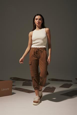 Gabardine Elastic Waist Womens Pants TAN