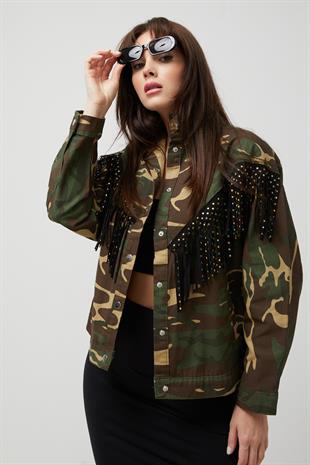Gabardin Yıldız Püsküllü Kamuflaj Desen Kadın Ceket KAMUFLAJ