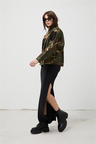 Gabardin Yıldız Püsküllü Kamuflaj Desen Kadın Ceket KAMUFLAJ