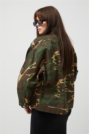 Gabardin Yıldız Püsküllü Kamuflaj Desen Kadın Ceket KAMUFLAJ
