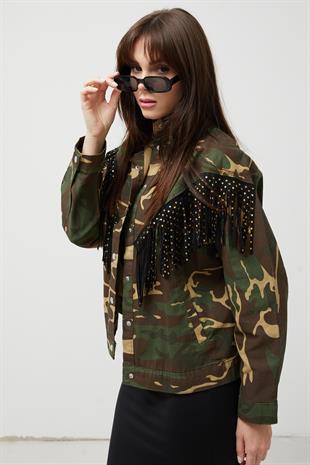 Gabardin Yıldız Püsküllü Kamuflaj Desen Kadın Ceket KAMUFLAJ
