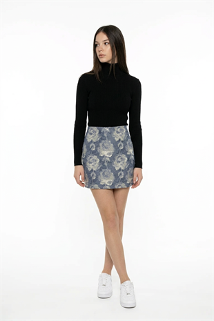 Gül Desenli Mini Etek BLUE