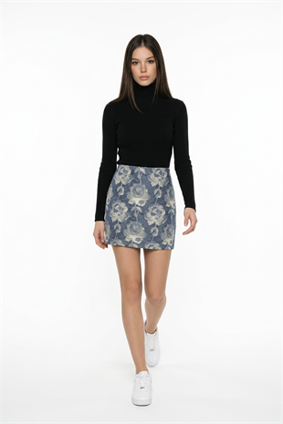 Gül Desenli Mini Etek BLUE