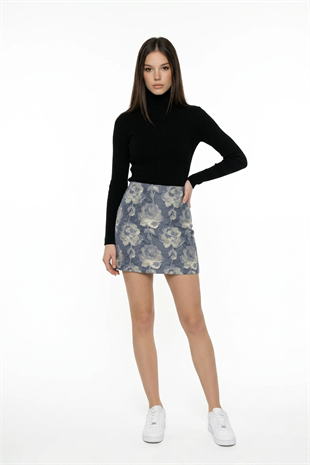Gül Desenli Mini Etek BLUE