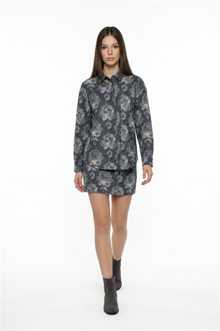 Gül Desenli Oversize Gömlek ANTRASİT