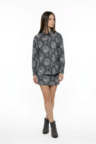 Gül Desenli Oversize Gömlek ANTRASİT