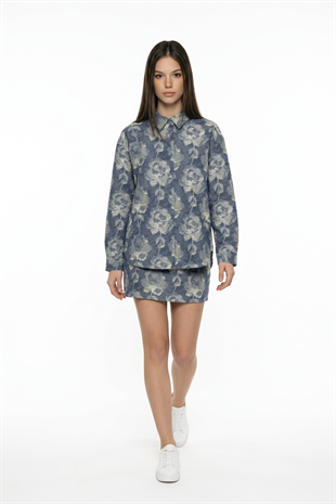 Gül Desenli Oversize Gömlek BLUE