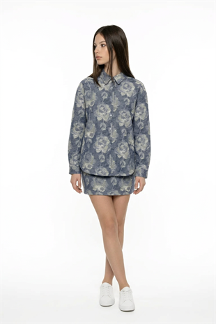 Gül Desenli Oversize Gömlek BLUE