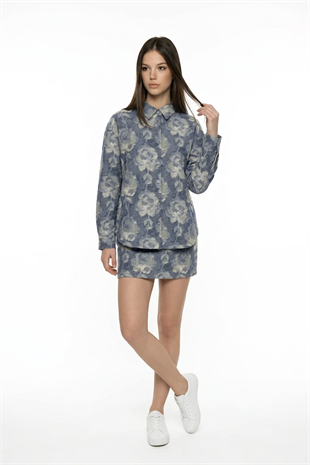 Gül Desenli Oversize Gömlek BLUE
