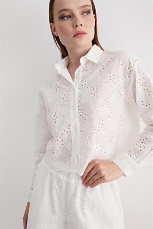 Güpür Detaylı Uzun Kollu Gömlek BEYAZ