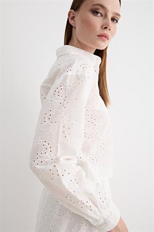 Güpür Detaylı Uzun Kollu Gömlek BEYAZ