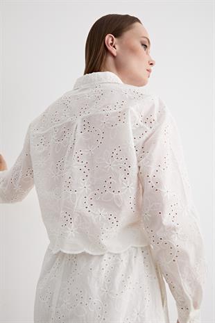 Güpür Detaylı Uzun Kollu Gömlek BEYAZ