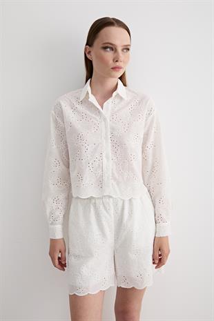 Güpür Detaylı Uzun Kollu Gömlek BEYAZ