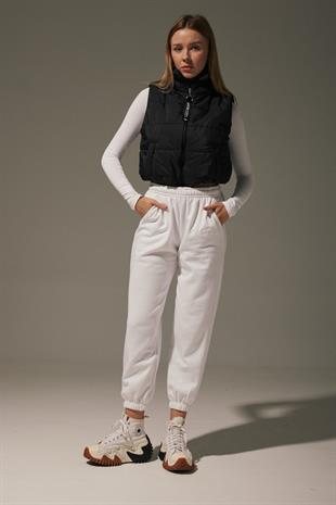 Womens Quilted Vest with Elastic Waistband BLACK