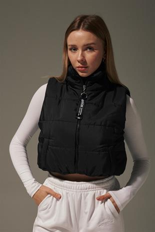 Womens Quilted Vest with Elastic Waistband BLACK