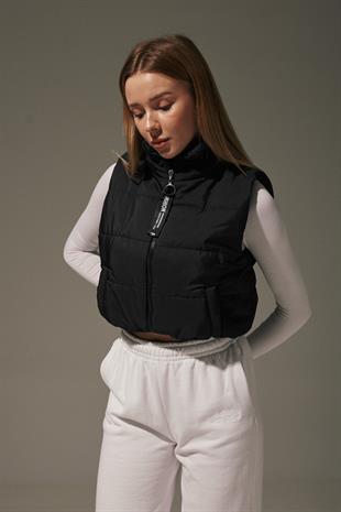 Womens Quilted Vest with Elastic Waistband BLACK