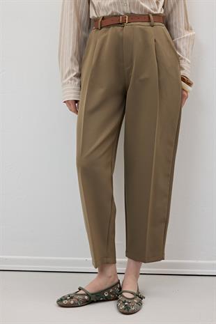 Hürrem Kumaş Beli Kemerli Kumaş Pantolon HAKİ