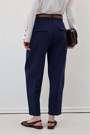 Hürrem Kumaş Beli Kemerli Kumaş Pantolon LACİVERT