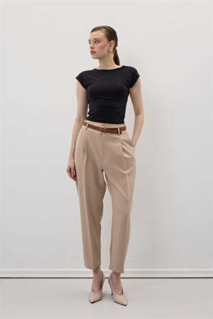 Hürrem Kumaş Beli Kemerli Kumaş Pantolon AÇIK KAHVE