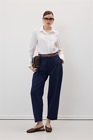 Hürrem Kumaş Beli Kemerli Kumaş Pantolon LACİVERT