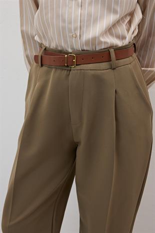Hürrem Kumaş Beli Kemerli Kumaş Pantolon HAKİ