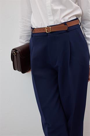 Hürrem Kumaş Beli Kemerli Kumaş Pantolon LACİVERT