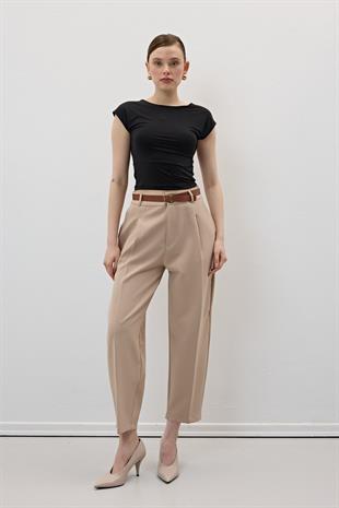 Hürrem Kumaş Beli Kemerli Kumaş Pantolon AÇIK KAHVE
