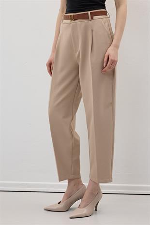 Hürrem Kumaş Beli Kemerli Kumaş Pantolon AÇIK KAHVE