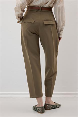 Hürrem Kumaş Beli Kemerli Kumaş Pantolon HAKİ