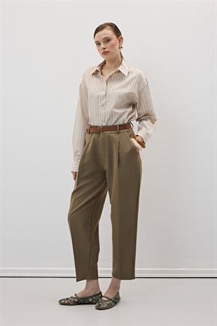 Hürrem Kumaş Beli Kemerli Kumaş Pantolon HAKİ