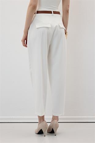 Hürrem Kumaş Beli Kemerli Kumaş Pantolon EKRU