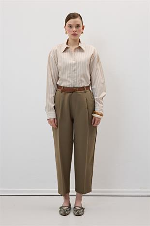 Hürrem Kumaş Beli Kemerli Kumaş Pantolon HAKİ