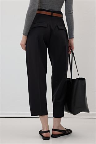 Hürrem Kumaş Beli Kemerli Kumaş Pantolon SİYAH