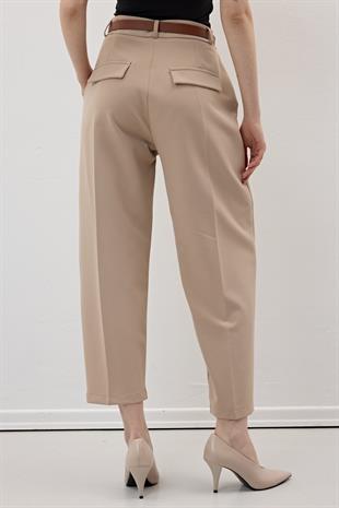 Hürrem Kumaş Beli Kemerli Kumaş Pantolon AÇIK KAHVE
