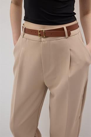 Hürrem Kumaş Beli Kemerli Kumaş Pantolon AÇIK KAHVE