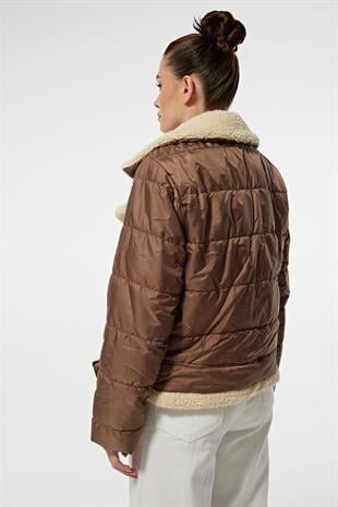 Faux Fur Lined Belted Womens Short Coat BROWN