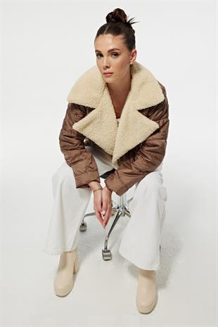 Faux Fur Lined Belted Womens Short Coat BROWN