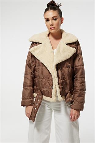 Faux Fur Lined Belted Womens Short Coat BROWN